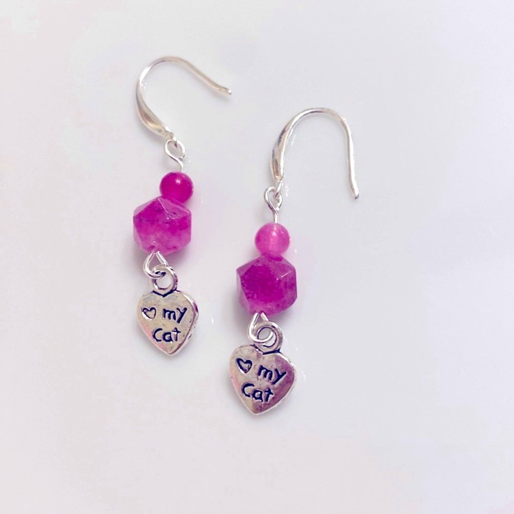 Clearance Sale Love my Cat lover 925 sterling silver pink heart hook earrings